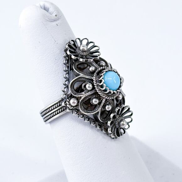 Vintage Sterling Silver 925 Filigree Persian Turquoise Ring Size 6 - Picture 4 of 8